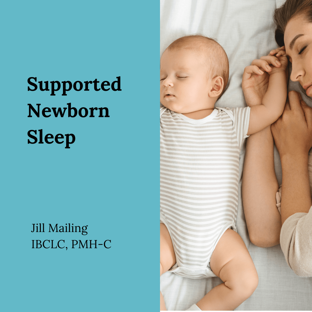 Preview tile for ILC's Supported Newborn Sleep Course; includes a photo of baby sleeping next to parent